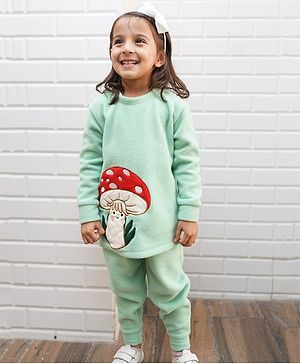 Nap Chief  Fleece  Full Sleeves Mushroom Embroidered Co Ord Set - Green