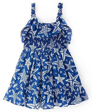 Pine Kids Viscose Woven Sleeveless Frock with Frill & Smocking Detailing Starfish Print - Navy Blue
