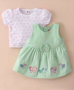 ToffyHouse Cotton Woven Half Sleeves T-Shirt with Frock Butterfly Print & Bow Applique - White & Light Green