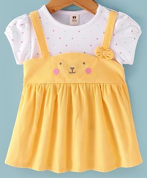 ToffyHouse 100% Woven Corduroy Half Sleeves Frock with Polka Dot Print & Embroidered -Yellow