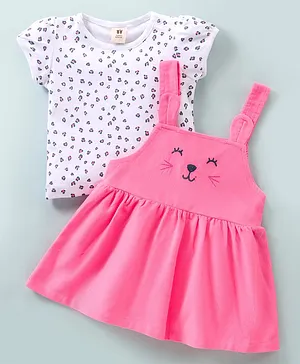 ToffyHouse Corduroy Kitten Embroidered Frock with Half Sleeves Printed Inner   Tee - Pink & White