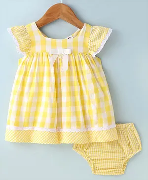 ToffyHouse 100% Woven Cotton Cap Sleeves Yarn Dyed Checks Frock with Panty - Yellow
