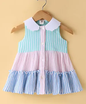 Toffy House  100% Woven Cotton Yarn Dyed Double Cloth Stripes Frock with Bloomer - Multicolour