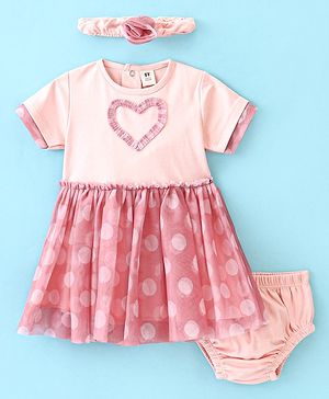 ToffyHouse Cotton Knit Half Sleeves Frock with Bloomer & Headband Frill Detailing Polka Dot Print - Peach