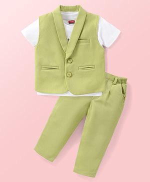 Babyhug Knit Half Sleeves Printed T-Shirt & Trouser With Waistcoat - Green