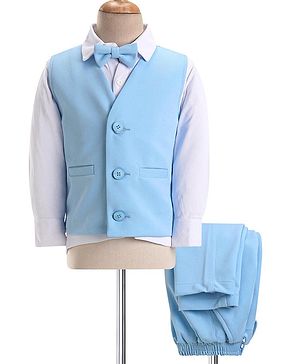 Babyhug Knitted Solid Colour Waistcoat Set With Full Sleeves Shirt- Sky Blue