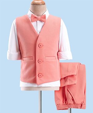 Babyhug Party Wear Knitted Solid Colour Waistcoat Set With Full Sleeves Shirt- Peach