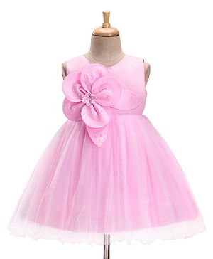 Babyhug Sleeveless Party Frock with Floral Applique - Pink