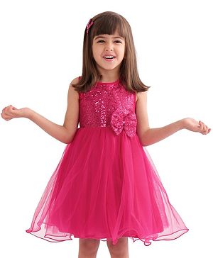 Babyhug Woven  Sleeveless Party Wear Fit and Flare Sequinned Dress with Bow Applique - Red