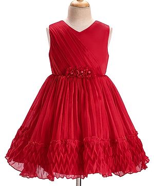 Babyhug Woven Sleeveless Fit and Flare Party Dress with Textured Fabric - Red