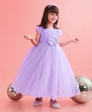 Babyhug Cap Sleeves Party Wear Gown With Lace Detail & Sequin Detailing - Lavender