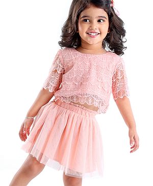 Babyhug Woven Three Fourth Sleeves Lace Detailing Top & Glittered Skirt - Peach