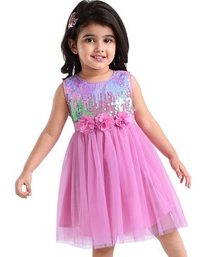 Babyhug Sleeveless Fit & Flared Party Frock with Sequin Detailing Floral Applique - Pink