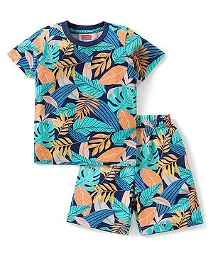 Babyhug Cotton Knit Half Sleeves Night Suit With Tropical Theme - Blue