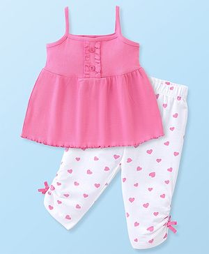 Babyhug Single Jersey Singlet Top and Leggings Set with Hearts Print - Pink & White
