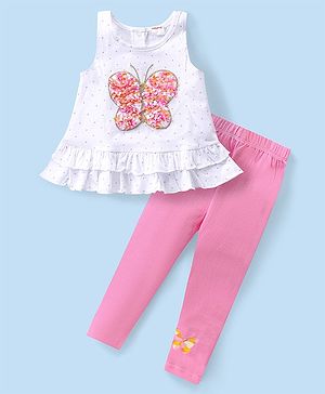 Babyhug Single Jersey Sleeveless Top & Legging Set Butterfly Patch & Polka Dot Print - White & Pink