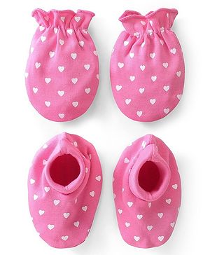 Babyhug 100% Cotton Mittens & Booties Heart Print - Pink