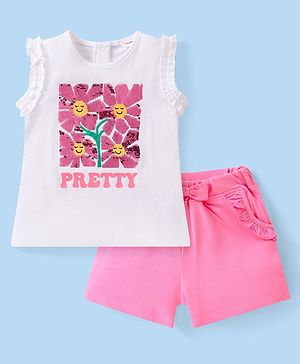 Babyhug Single Jersey Sleeveless Sequinned Flowers Top and Shorts Set  - White & Pink