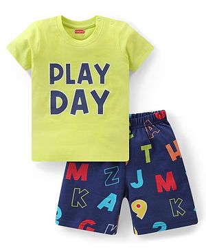 Babyhug Single Jersey Knit Half Sleeves Night Suit Text Print - Green & Navy Blue