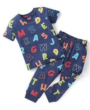 Babyhug Cotton Knit Half Sleeves Night Suit with Alphabet & Number Print - Navy Blue