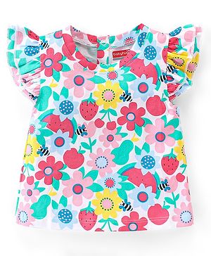 Babyhug 100% Cotton Knit Half Sleeves Top with Frill Detailing & Floral Print - White