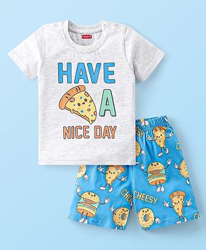 Babyhug Cotton Knit Half Sleeves Night Suit Pizza Print - White & Blue