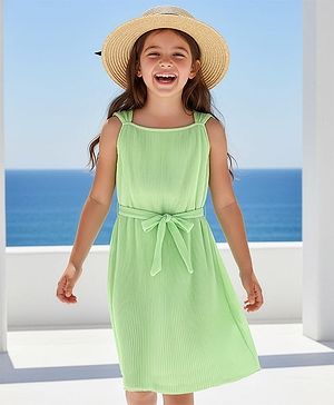 Pine Kids Sleeveless Solid Colour Lining Detailing Frock - Green