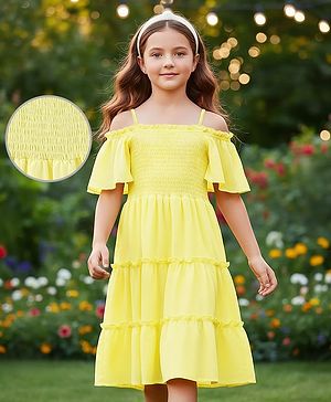 Pine Kids Woven Off Shoulder Half Sleeves Tiered Frock - Light Yellow