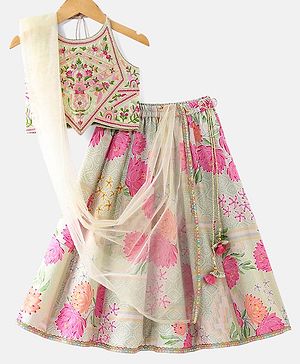 Babyhug Sleeveless Embroidered Choli with Floral Print Lehenga and Dupatta Set - Lime Green