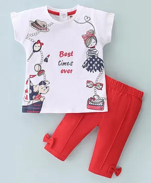 Toffyhouse Half Sleeves T-Shirt & Lounge Pant Set Puppy Print - White & Red