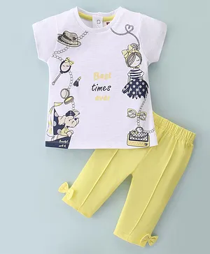 Toffyhouse Half Sleeves T-Shirt & Lounge Pant Set Puppy Print - White & Yellow