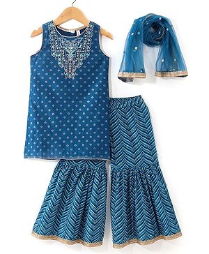Babyhug Sleeveless  Embroidered Kurti & Chevron Printed Gharara with Dupatta - Teal Blue