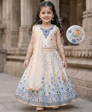 Babyhug Woven Sleeveless Embroideried Choli Lahenga with Dupatta Floral Print - White