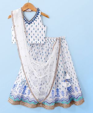 Babyhug Sleeveless Printed Choli Lehenga Set with Dupatta Embroidery Detailing - White