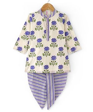 Babyhug 100% Cotton Woven Full Sleeves Kurta & Dhoti Set With Floral Print - Offwhite