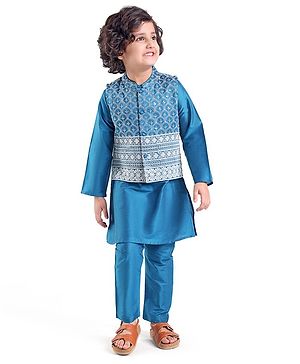 Babyhug 100% Cotton Woven Full Sleeves Kurta & Pyjama Set With Mirror Embroidered Jacket - Navy Blue
