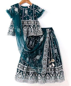 Babyhug Short Sleeves Sequenced Net Embroidered Choli Lehenga Set  with Dupatta - Teal Blue