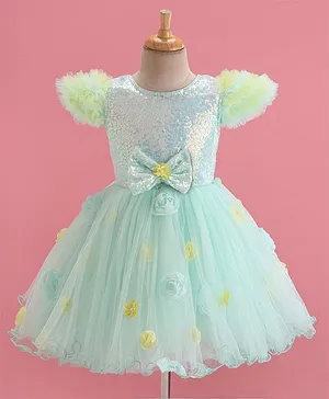 Mark & Mia Frill Sleeves Knee
                                  Length Party Frock with Sequined
                                  Detailing Floral & Bow Applique
                                  Detailing - Mint