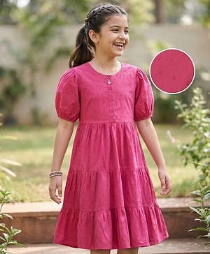 Pine Kids 100% Cotton Woven Half Sleeves With Textured Frock - Pink