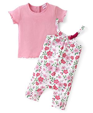 Babyhug Single Jersey Knit Floral Printed Dungaree with Half Sleeves Inner Tee - Pink & White