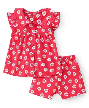 Babyhug Cotton Knit Single Jersey Half Sleeves Night Suit With Floral Print - Red