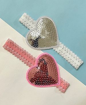 Little Peas Set of 2 Sequin Embellished  Heart Pattern Headbands - Light Pink & White