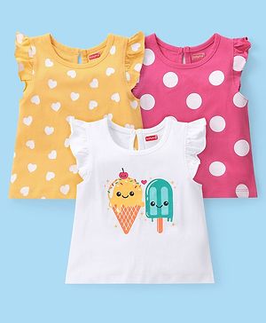Babyhug Cotton Knit Frill Sleeves Top with Polka Dot Graphics Pack of 3 - Multicolour