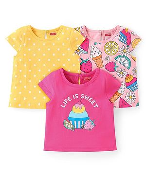 Babyhug Cotton Knit A-Line Cap Sleeves Tops With Polka Dots & Cupcake Graphics Pack of 3 - Pink & Yellow