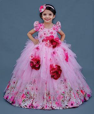 Li&Li BOUTIQUE Half  Puffed Sleeves Flower Applique Detailed Flared Gown - Pink