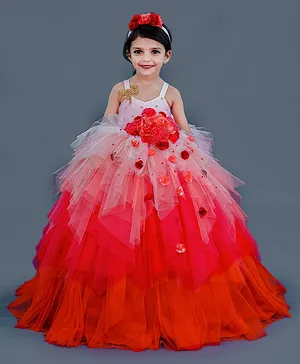 Li&Li BOUTIQUE  Sleeveless Ombre Effect Flower Applique Detailed Flared Dress - Peach & Coral Pink