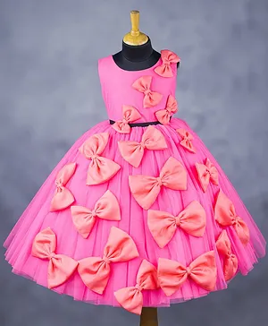 Li&Li BOUTIQUE Sleeveless Bow Applique Detailed Flared Dress - Pink & Coral