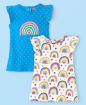 Babyhug Cotton Knit Frill Sleeve Nighty With Polka Dot Print & Rainbow Print Pack Of 2 - Multicolor