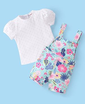 Babyhug 100% Cotton Knit Single Jersey Dungaree & Half Sleeves T-Shirt With Floral  Print - White & Blue
