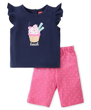 Babyhug Single Jersey Knit Half Sleeves Capri  Nightsuit with Ice Cream & Polka Dot  Print - Navy & Pink